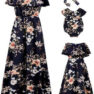 Mommy and Me Floral Chiffon Dresses Short Sleeve Matching Outfits